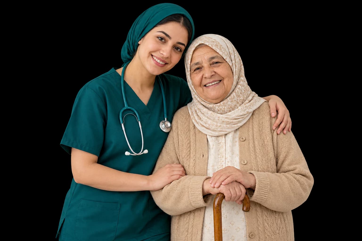 Une infirmière et une femme âgée souriantes