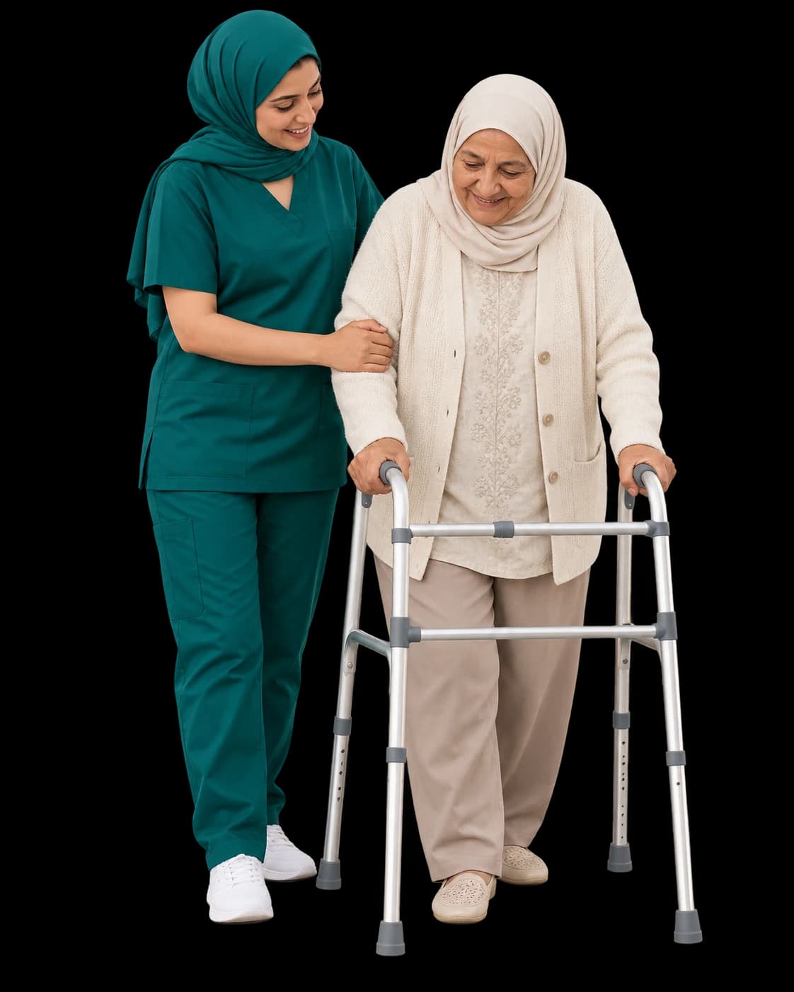 Une soignante accompagne une femme avec un déambulateur