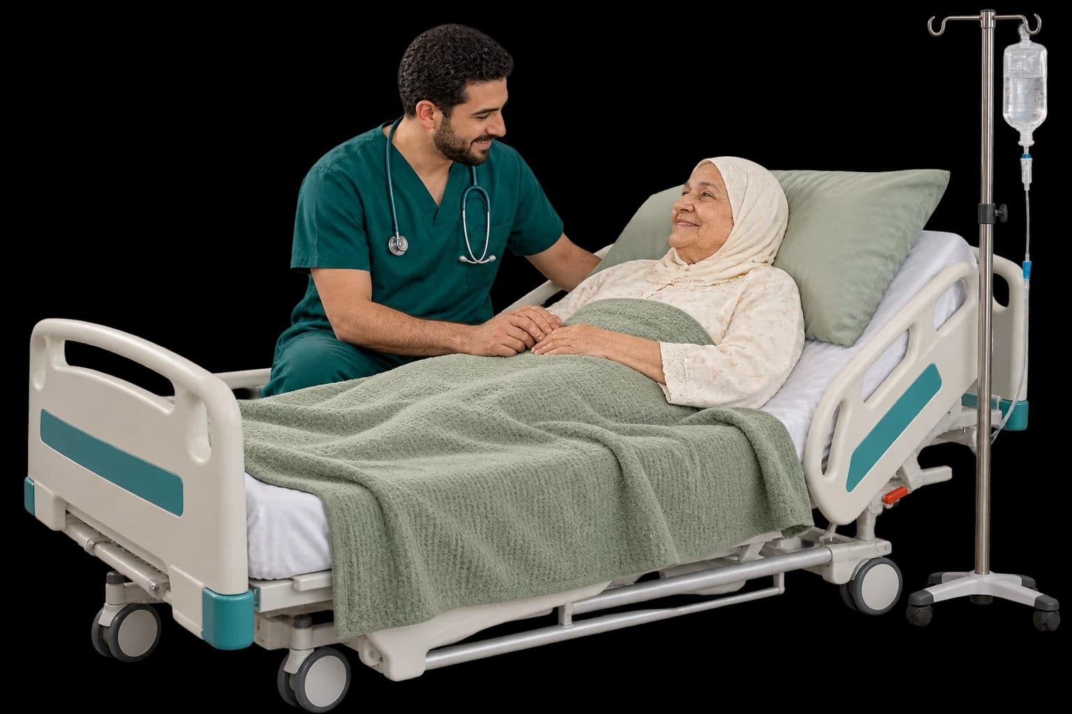 Un soignant auprès d’une patiente dans un lit médicalisé